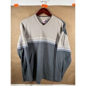 Mens Club Crest V Neck Pullover‎ Sweater Gray Blue Stripe Long Sleeve